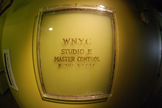 The glass from this door from WNYC's old home in the Municipal Building now decorates the walls of the station's new studios.